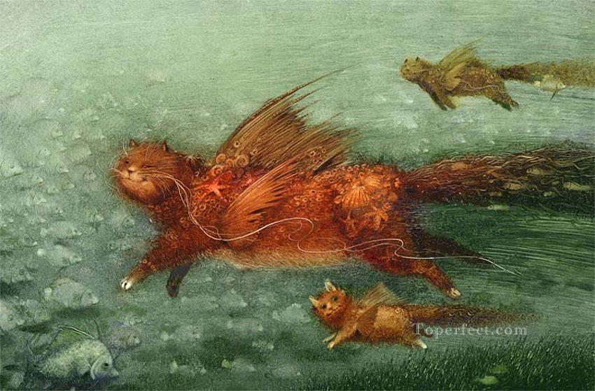 fairy tales flying cat Fantasy Oil Paintings